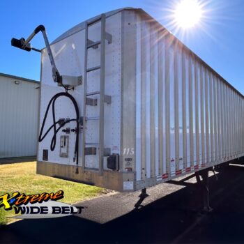 Wilkens X-Treme Wide Belt Semi-Trailer (23-381) Nose View displaying the Shur-Co 4500 Electric Tarp System, front ladder, access door, and pressure gauge.